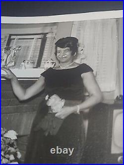 African American Woman Posing By Flowers Happy Wealthy B&W Vtg Photograph