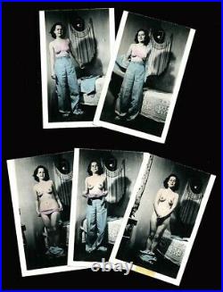 American 1940s STRIP Series 5 Photos DRESSED to NUDE Hand Tinted VASTA Archive