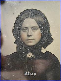 Antique American Beauty Ambrotype Bonnet Brown Eyed Girl Hair Fashion Fine Photo