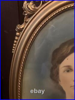 Antique Framed Colored Photo Picture Of Girl Woman Gold Oval Ornate Portrait Vtg