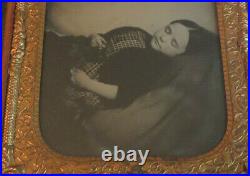 Antique Post Mortem 1/6 Plate Ambrotype Of Young Girl In Plaid Dress