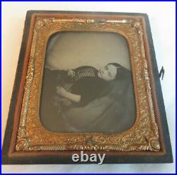 Antique Post Mortem 1/6 Plate Ambrotype Of Young Girl In Plaid Dress