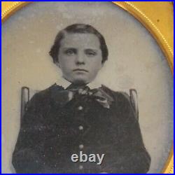 Antique Real Photo DAGUERREOTYPE Serious Young Gentleman Boy Black SILK Bow TIE