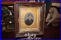 Antique Tin Type Photograph Old Woman Victorian Wood Shadow Box Frame Inlay