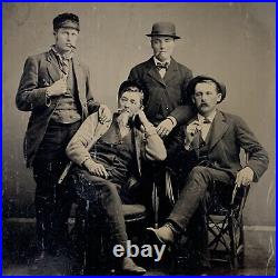 Antique Tintype Group Photograph Handsome Ruffian Men Attitude Smoking Cigar