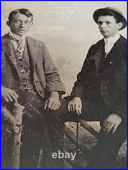 Antique Tintype Photo Handsome Young Men Affectionate Gay Interest Hand on Leg