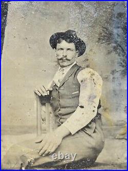 Antique Tintype Photo Old West Riverboat Gambler Cowboy