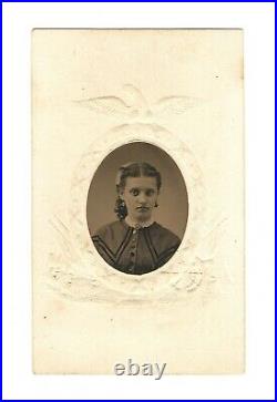 Antique Tintype Photo Pretty Young Lady Girl with Patriotic Civil War Matted Frame