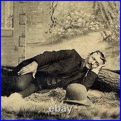 Antique Tintype Photograph Charming Handsome Man Laying Down On Log Odd