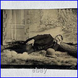 Antique Tintype Photograph Charming Handsome Man Laying Down On Log Odd