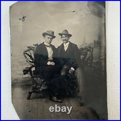Antique Tintype Photograph Couple Handsome Man Mustache Cowboy Hat Men Gay Int