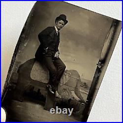 Antique Tintype Photograph Dapper Man Bowler Hat Riding Fun Odd Wood Elephant