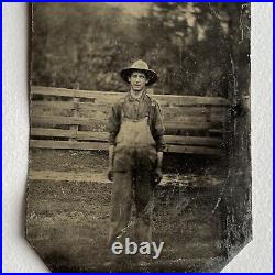 Antique Tintype Photograph Farmer Man Overalls Hat Fence Outside Occupational