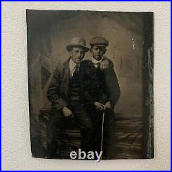 Antique Tintype Photograph Father & Son Smoking Cigars Together Hat Cap