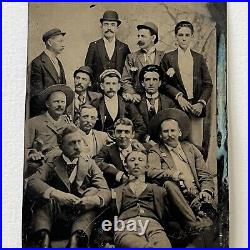 Antique Tintype Photograph Handsome Affectionate 13 Men Large Group Photo Odd