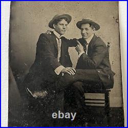 Antique Tintype Photograph Handsome Affectionate Young Men Hand On Leg Gay Int