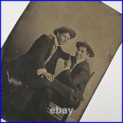 Antique Tintype Photograph Handsome Affectionate Young Men Hand On Leg Gay Int