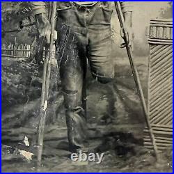 Antique Tintype Photograph Handsome Man Amputee Crutches Medical Civil War Vet
