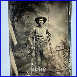 Antique Tintype Photograph Handsome Man Amputee Crutches Medical Civil War Vet