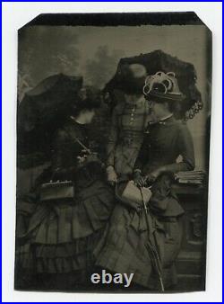 Avoiding The Camera, Antique Tintype Of Three Women With Beautiful Fashions