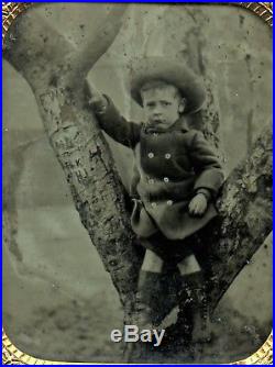 Boy Climbed Tree, Carved Initials on the Tree, Vintage Outdoor Ambrotype Photo