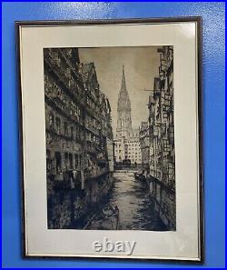 Houses And Cathedral On Canal C 1900 Antique Black And White Bruges Engraving