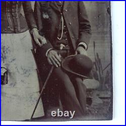 Legless Man Beautiful Lady Tintype c1870 Antique 1/6 Plate Photo Woman Vtg D449
