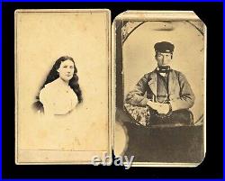 Lot of 1860s CDVs Man in Wheel Cap & Pretty Woman with Long Hair South Carolina