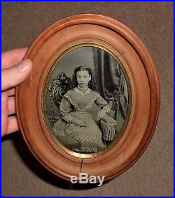 OLD VINTAGE ANTIQUE TINTYPE PHOTO BEAUTIFUL YOUNG TEEN GIRL with PAT'D 1869 FRAME