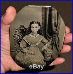OLD VINTAGE ANTIQUE TINTYPE PHOTO BEAUTIFUL YOUNG TEEN GIRL with PAT'D 1869 FRAME