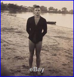 ORIGINAL vintage GAY INTEREST PHOTO BEEFCAKE MAN BULGE SHIRT SWIMSUIT LAKE BEACH