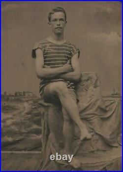 Old Vintage Antique Tintype Photo Handsome Young Man Cute Teen Boy Beach Clothes