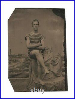 Old Vintage Antique Tintype Photo Handsome Young Man Cute Teen Boy Beach Clothes