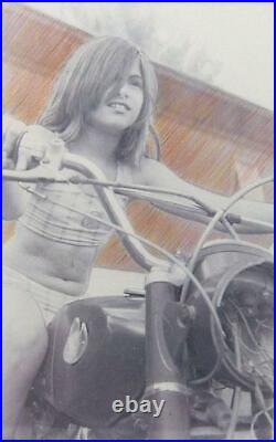 Photograph Hand Colored Black & White Girl on Motorcycle 1970's Vintage Photogra