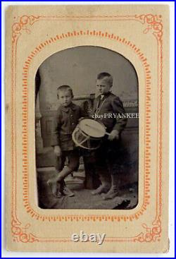 RARE! 1800's ANTIQUE Vintage TWO BOYS with DRUM / DRUMMER BOY Tintype Photo
