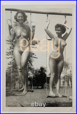 RARE FULMER Estate VINTAGE 5x7 NUDE Photo 2 FUN BUSTY Girls on Swing 1950s OOAK