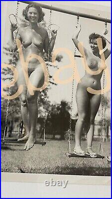 RARE FULMER Estate VINTAGE 5x7 NUDE Photo 2 FUN BUSTY Girls on Swing 1950s OOAK