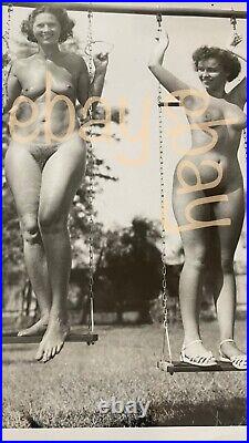 RARE FULMER Estate VINTAGE 5x7 NUDE Photo 2 FUN BUSTY Girls on Swing 1950s OOAK