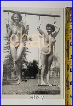 RARE FULMER Estate VINTAGE 5x7 NUDE Photo 2 FUN BUSTY Girls on Swing 1950s OOAK