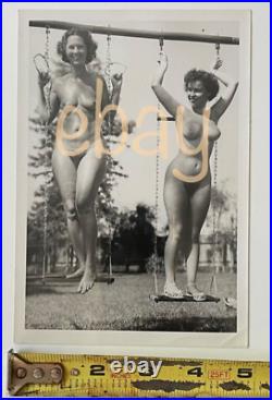 RARE FULMER Estate VINTAGE 5x7 NUDE Photo 2 FUN BUSTY Girls on Swing 1950s OOAK