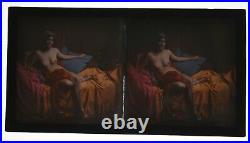 Rare Glass Autochrome Stereoview Photo Art Nude Coloured Tablecloths 130x70mm