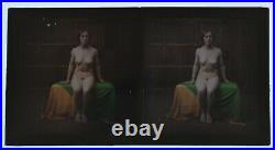 Rare Glass Autochrome Stereoview Photo Art Nude Frontal Green Cloth 130x70mm