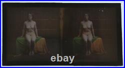 Rare Glass Autochrome Stereoview Photo Art Nude Frontal Green Cloth 130x70mm