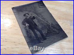 Rare Vintage 1882 HIGH WHEEL BICYCLE MAN Tintype Photograph AMERICAN STAR BIKE