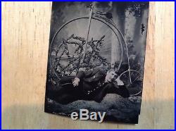 Rare Vintage 1882 HIGH WHEEL BICYCLE MAN Tintype Photograph withBIKE AWARD MEDAL