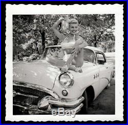SMOKIN HOT PLATINUM BLOND BIKINI HOUSEWIFE on 1955 BUICK CAR 1957 VINTAGE PHOTO
