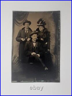 Tintype Black and White Photograph 2 White Men and Woman Fancy Dress 1860s Rare
