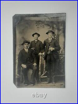 Tintype Black and White Photograph 3 White Men Smoking Cigars 1860s Rare