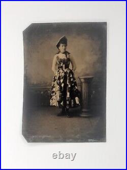 Tintype Black and White Photograph White Woman Crazy Dress and Bonnet 1860s Rare