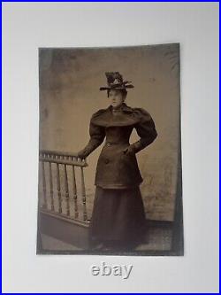 Tintype Black and White Photograph White Woman Fancy Dress 1860s Rare